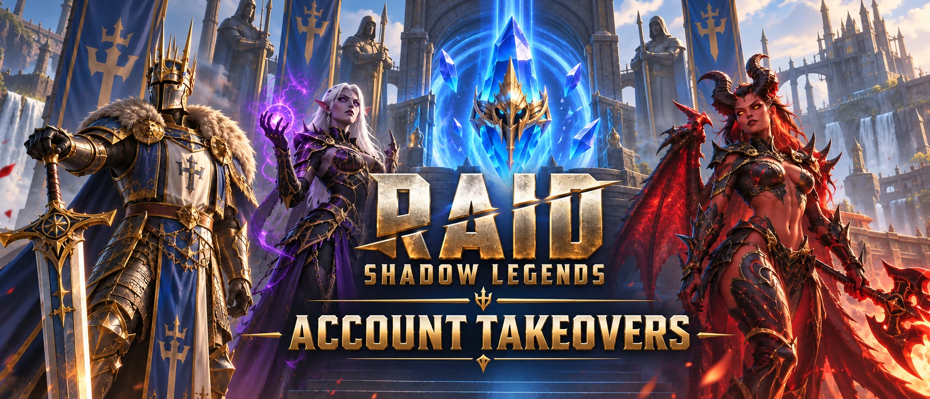 RAID Account Takeovers: champions guarding a blue crystal portal in the Citadel.