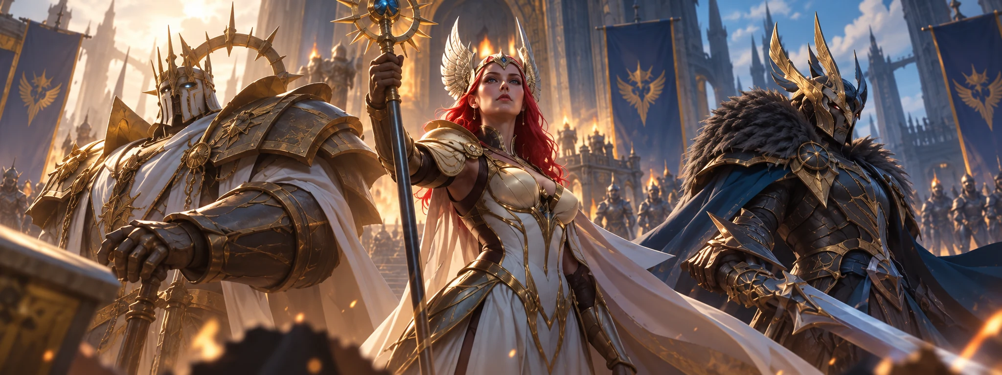 Three triumphant armored champions guarding a golden cathedral.